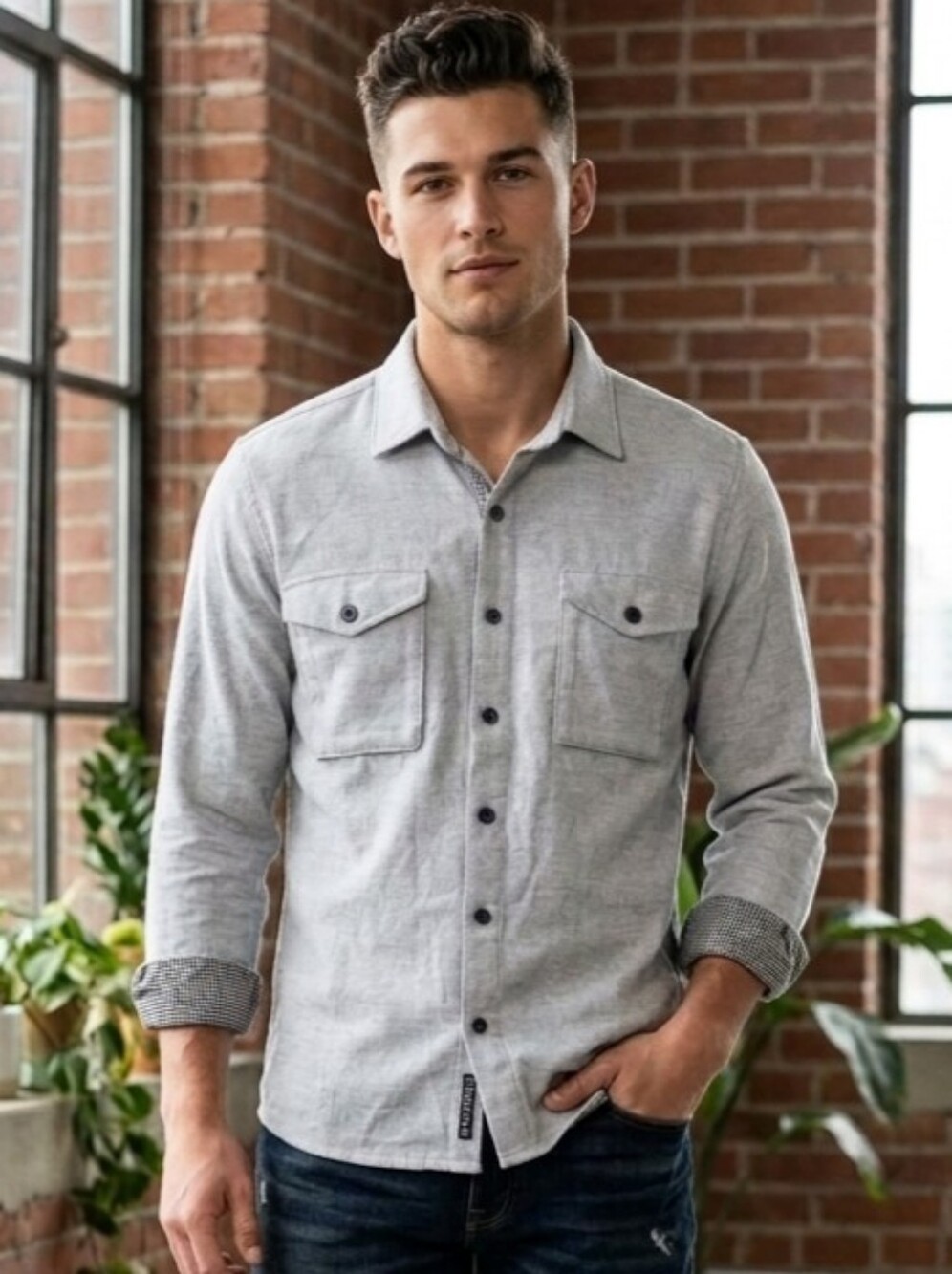 Civil Society Classic Light Gray Button-Front Long Sleeve Shacket Flannel NWT
